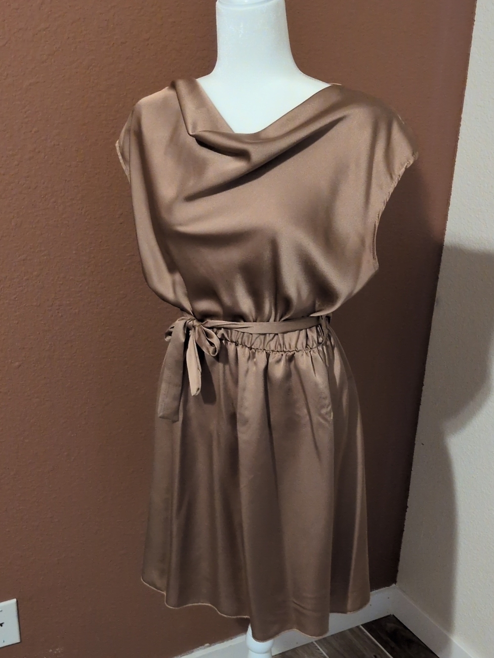 Satin Cowl Neck Belted Dress in Taupe